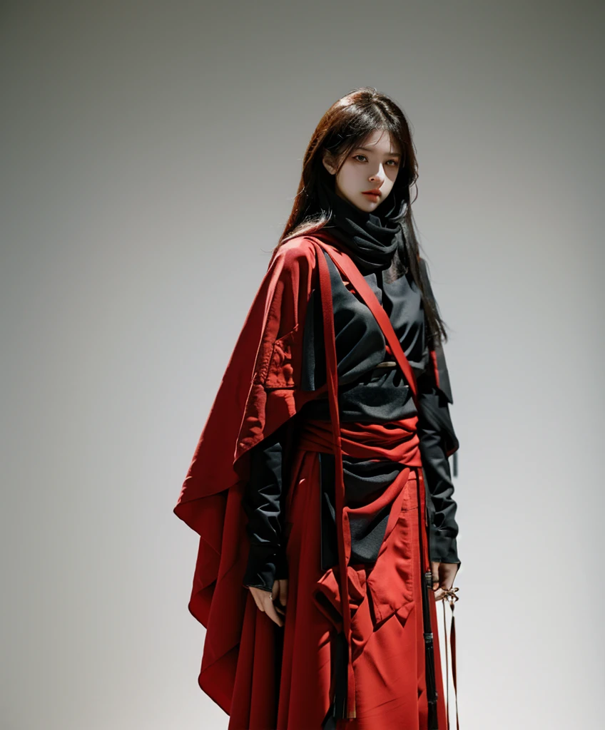 Female Assassin Red and Black Cloth design, detailed fabrics, Whole Body, on white background (natural skin texture, hyperrealism, soft light, sharp)