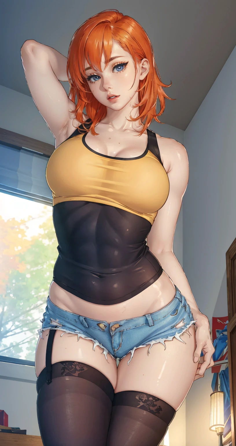 PERFECT CG 8K, UHD QUALITY RESOLUTION WALLPAPER, PHOTOREALISTIC, the most beautiful and sexy girl, wearing tank top and shorts, dyed ginger hair, vibrant eyes, long detailed eyelashes, pale skin, sexy slutty seductive pose, in a bedroom, best quality, best resolution, stockings, front full height shot, hands behind back