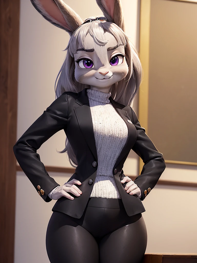 best quality,
masterpiece,
3D anime,
(((solo))),
(((1girl))),
((Face is JudyHopps)),
(long ears like a rabbit:0.8),
Heir is in a black ponytail style,
Body is human lady,
She is a new employee,
Hers outfit is business suit,
She is wearing a black jacket over a white blouse,
She is wearing a black skirt,
(the suit is made of wool:1.4),
((skin is silver with fluffy and fluffy)),
(portrait view),
In the background there is a cherry blossoms,
((Her expression shows a fresh fresh smile)),
((She is standing straight with her back upright and her hands lightly clasped in front of her))