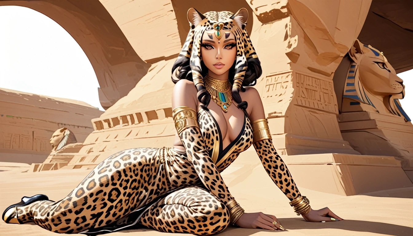 Sphinx-like cheetah queen, A beautiful woman's face and a cheetah's body、Photography, Fantasy、 detailed,