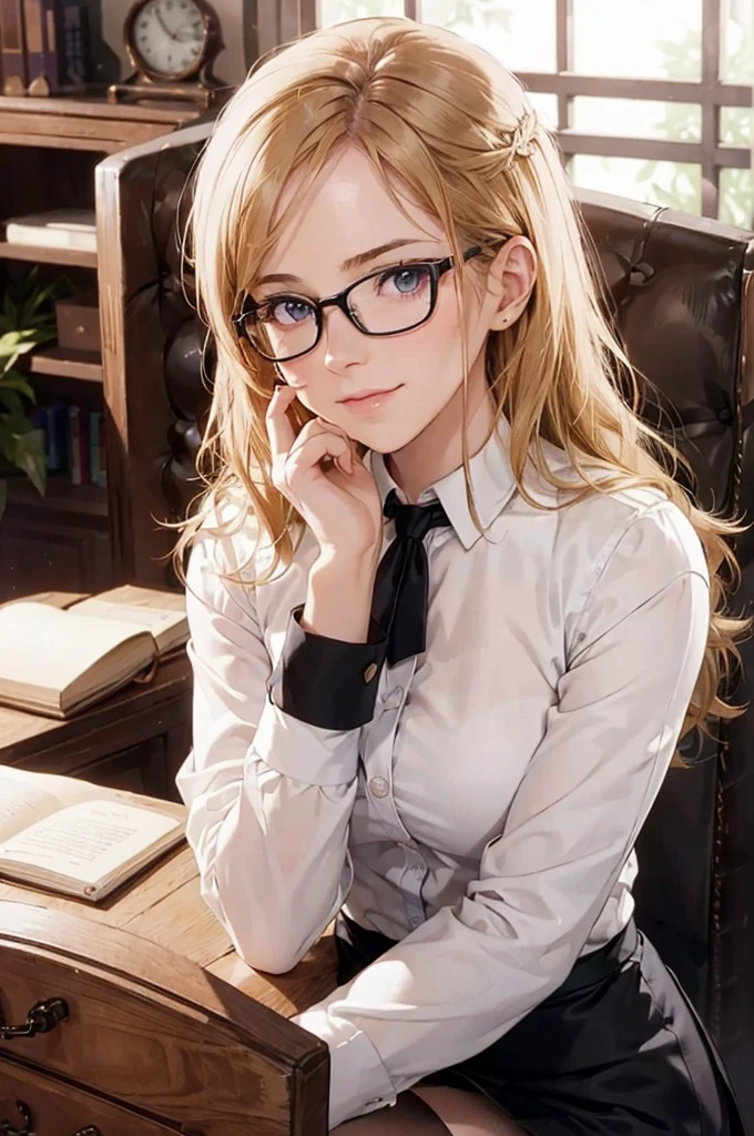 Masterpiece, 最high quality, high quality, High resolution, high quality texture, high quality shadows, High resolution, Beautiful details, Detailed CG, Detailed Texture, Realistic representation of face, Realistic, colorful, delicate, Cinematic Light, Side light, Lens flare, Ray Tracing, sharp concentrated, (1 Girl,concentrated:1.3), ( Intricate details, compensate, PureErosFaceV1:0.5), (細部まで美しいdelicateな顔, 緻密で美しいdelicateな瞳, Perfect Facial Proportions, Dense skin, Optimal ratio of four fingers to one thumb, Arms under chest, Modest chest, Wide Hips, Smooth upper abdomen, 30 years old, blue eyes, glasses,cabin attendant uniform,white blouse,tight fitting black skirt,black stockings, excellent secretary ,working as a secretary, wooden desk, wooden chair, house wife, the gaze of true love, lips of temptation, A look full of compassion ,a smile full of love, i love you, Acting lovey-dovey, air fortress hair, blonde hair, I love you so much I'm crazy,i love you