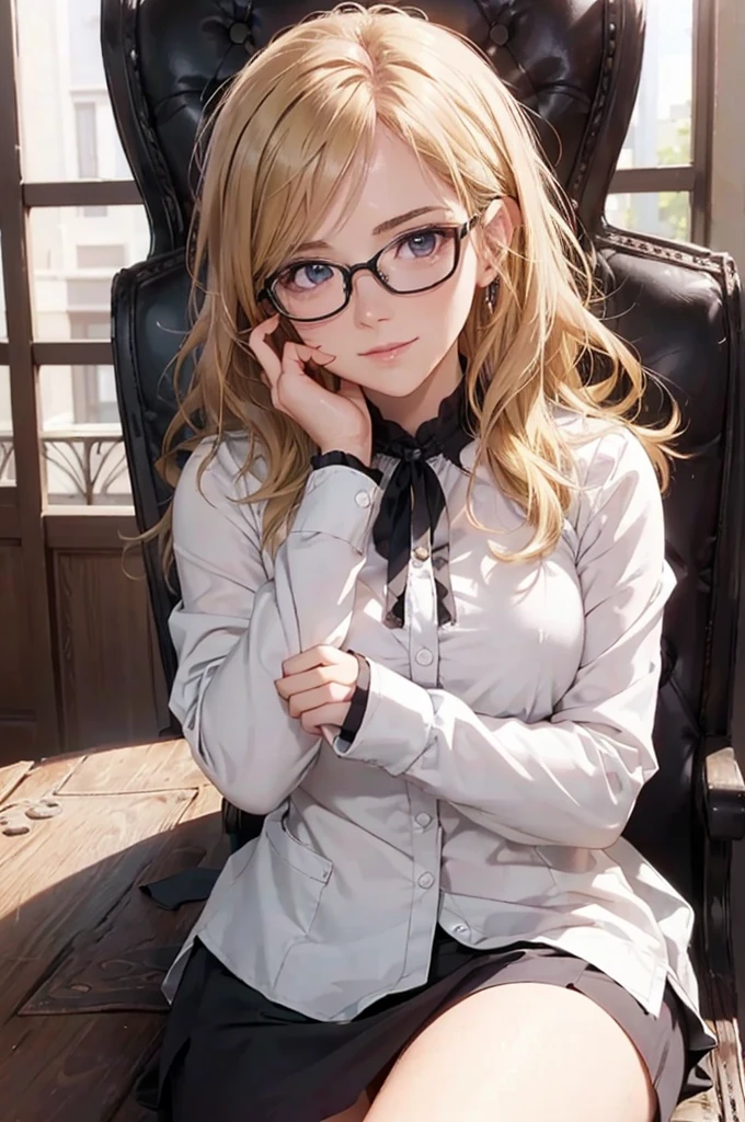 Masterpiece, 最high quality, high quality, High resolution, high quality texture, high quality shadows, High resolution, Beautiful details, Detailed CG, Detailed Texture, Realistic representation of face, Realistic, colorful, delicate, Cinematic Light, Side light, Lens flare, Ray Tracing, sharp concentrated, (1 Girl,concentrated:1.3), ( Intricate details, compensate, PureErosFaceV1:0.5), (細部まで美しいdelicateな顔, 緻密で美しいdelicateな瞳, Perfect  Proportions, Dense skin, Optimal ratio of four fingers to one thumb, Arms under chest, Modest chest, Wide Hips, Smooth upper abdomen, 30 years old, blue eyes, glasses,cabin attendant uniform,white blouse,tight fitting black skirt,black stockings, excellent secretary ,working as a secretary, wooden desk, wooden chair, house wife, the gaze of true love, lips of temptation, A look full of compassion ,a smile full of love, i love you, Acting lovey-dovey, air fortress hair, blonde hair, I love you so much I'm crazy,i love you