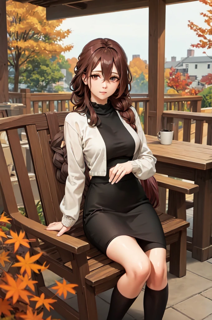 masterpiece, best quality, nolva, single braid, black sweater, pencil skirt, sitting, rocking chair, porch, autumn, looking at viewer