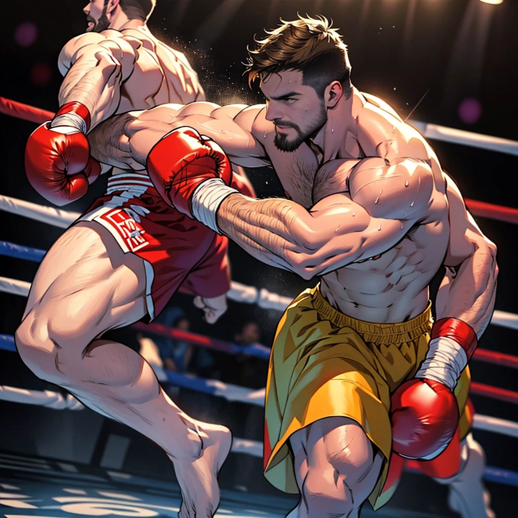 sexy mature daddy,stephen amell ,dark blond hair, stubble,beard and sexy moustache ,muscular , best quality, masterpiece, ultra high resolution, Detailed background illustration, single, muscles, Volumetric lighting, depth of field, beard, flow,wearing a boxing short , shirtless showing hard nipples , huge bulge, boxing gloves ,, martial artist, flow sweat, short dark blond hair, perfect eyes, barefoot, Boxing pose in the ring punching the opponent in disequilibrum