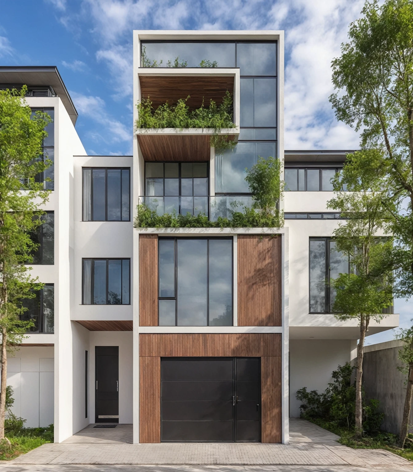 Masterpiece, high quality, best quality, authentic, super detail, outdoors, house style modern, bietthuhn, white wall, glass windows, gate road, pavement, grass, trees, Beautiful_sky, SUNSET, (day:1.1), realistic lighting