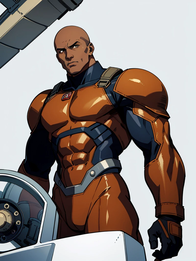 A brown-skinned, skinhead, tall, muscular man of about 40 years old with a high-pressure atmosphere in a pilot suit, depicted against a white background.