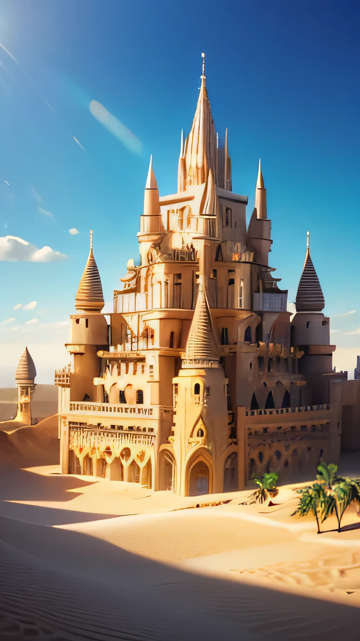 super fine illustration, top quality, sand castle, majestic structure, desert town, golden dunes, detailed architecture, vibrant colors, intricate carvings, bright sunlight, vast sandy landscape, oasis elements, palm trees, colorful awnings, serene atmosphere, fantasy style, shimmering heat, clear blue sky, lively townspeople, expansive horizon, natural elements, cultural richness