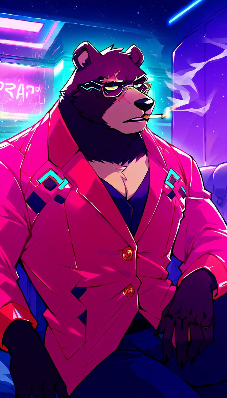 score_9, score_8_up, score_7_up, (cyberpunk city, night room, luxury apartment, security guards on background:1.5),
((Grizzly bear:1.5), anthro, solo, male, sitting in an armchair, (smoking cirage:1.2), ((wearing business suit, mafia mole boss)), ((black fur:1.5)), (scars, glasses:1.5), beautiful, (wears cyberpunk additions:1.75)