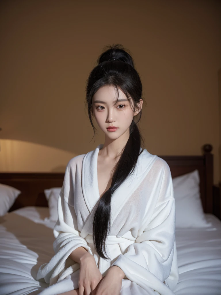 korean model , slim body , 167cm ，Movie Angle，long black ponytails hairstyle, （Cute girl，anatomy correct, silk bathrobe，（ art，geomerty），（plethora of colorest quality，high detal，tmasterpiece，Cinematic lighting effects，4K，Chiaroscuro）,  on the bed