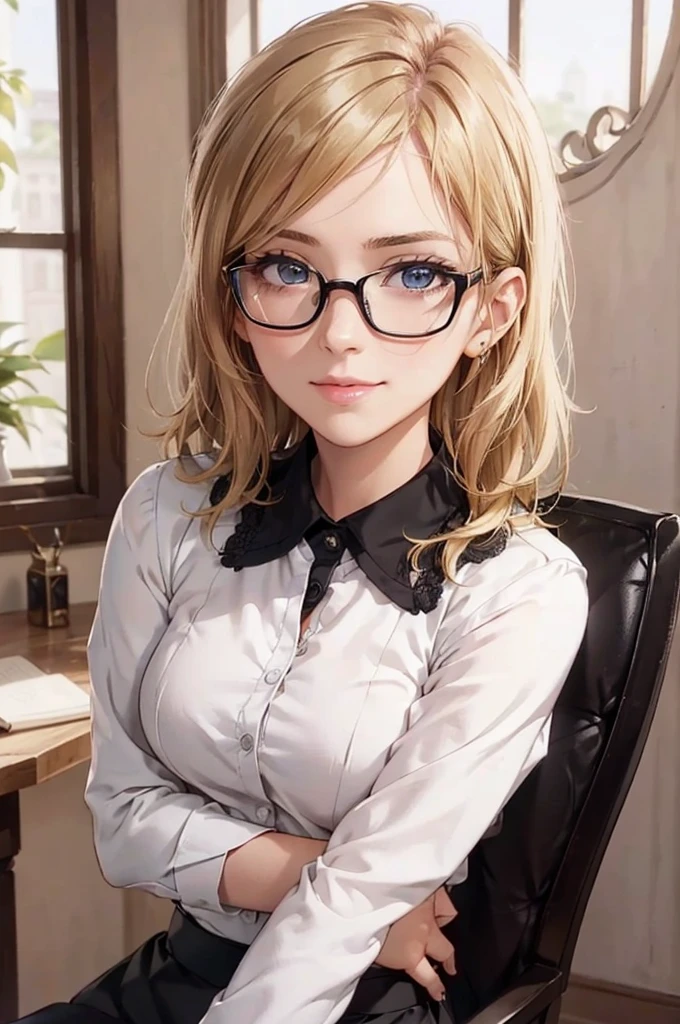 Masterpiece, 最high quality, high quality, High resolution, high quality texture, high quality shadows, High resolution, Beautiful details, Detailed CG, Detailed Texture, Realistic representation of face, Realistic, colorful, delicate, Cinematic Light, Side light, Lens flare, Ray Tracing, sharp concentrated, (1 Girl,concentrated:1.3), ( Intricate details, compensate, PureErosFaceV1:0.5), (細部まで美しいdelicateな顔, 緻密で美しいdelicateな瞳, Perfect  Proportions, Dense skin, Optimal ratio of four fingers to one thumb, Arms under chest, Modest chest, Wide Hips, Smooth upper abdomen, 30 years old, blue eyes, glasses,cabin attendant uniform,white blouse,tight fitting black skirt,black stockings, excellent secretary ,working as a secretary, wooden desk, wooden chair, house wife, the gaze of true love, lips of temptation, A look full of compassion ,a smile full of love, i love you, Acting lovey-dovey, air fortress hair, blonde hair, I love you so much I'm crazy,i love you