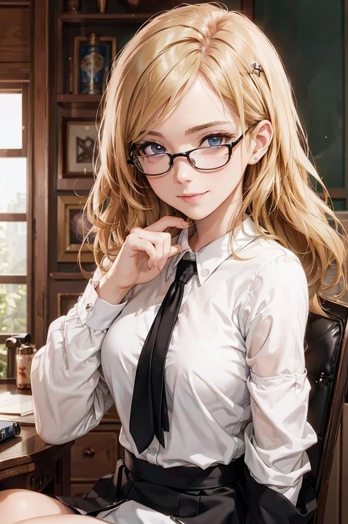 Masterpiece, 最high quality, high quality, High resolution, high quality texture, high quality shadows, High resolution, Beautiful details, Detailed CG, Detailed Texture, Realistic representation of face, Realistic, colorful, delicate, Cinematic Light, Side light, Lens flare, Ray Tracing, sharp concentrated, (1 Girl,concentrated:1.3), ( Intricate details, compensate, PureErosFaceV1:0.5), (細部まで美しいdelicateな顔, 緻密で美しいdelicateな瞳, Perfect Facial Proportions, Dense skin, Optimal ratio of four fingers to one thumb, Arms under chest, Modest chest, Wide Hips, Smooth upper abdomen, 30 years old, blue eyes, glasses,cabin attendant uniform,white blouse,tight fitting black skirt,black stockings, excellent secretary ,working as a secretary, wooden desk, wooden chair, house wife, the gaze of true love, lips of temptation, A look full of compassion ,a smile full of love, i love you, Acting lovey-dovey, air fortress hair, blonde hair, I love you so much I'm crazy,i love you
