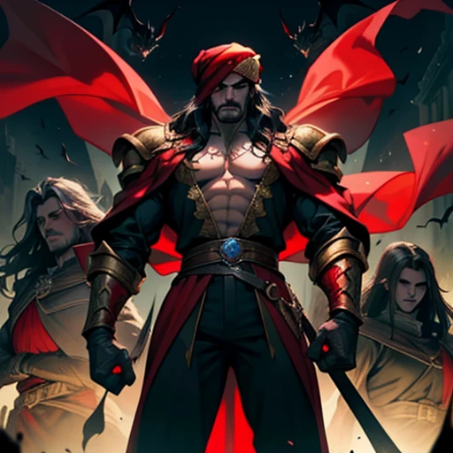 Castlevania, King of Shadows, Lord Dracula of Morocco, Handsome muscular warrior in a red turban、Long Hair、White and red eyeedieval crystal with terrifying demons