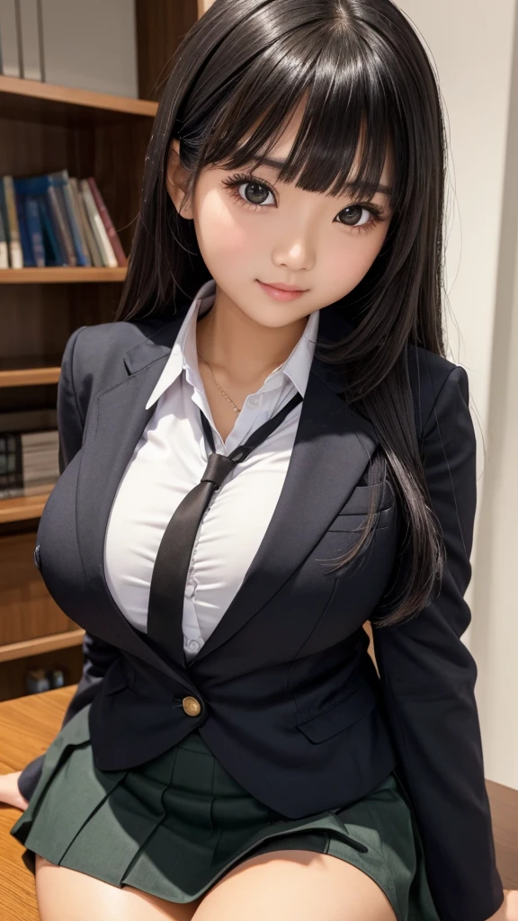 ((high quality)), ((Tabletop)), (Detailed face), (highlight),　Asian Girl、Big breasts、thigh、Black Hair、Heavy bangs、high school girl、skirt、blazer、