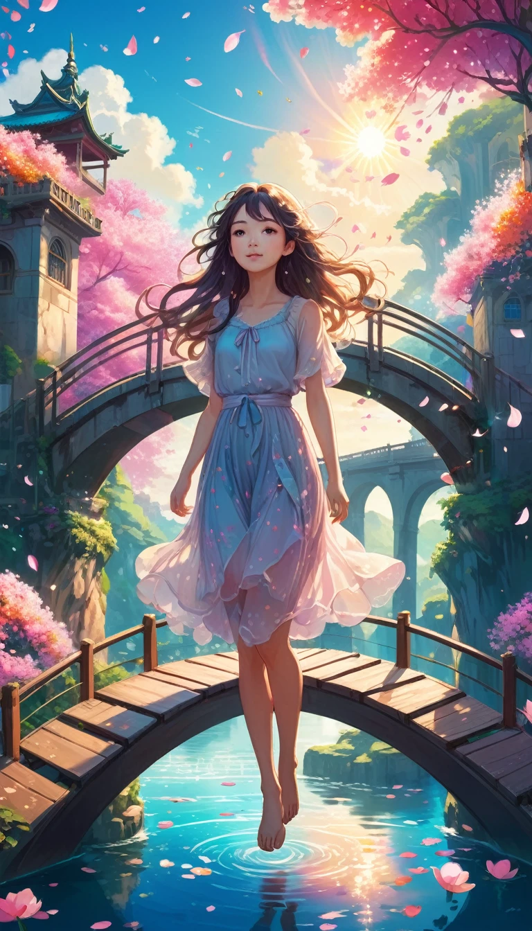 Ethereal floating islands interconnected by delicate bridges, 1girl with flowing hair standing in bridges, in a vibrant, sunlit sky with floating petals, serene and whimsical atmosphere, Anime style with highly detailed digital illustration using vibrant colors and soft brush strokes to create a dreamlike effect