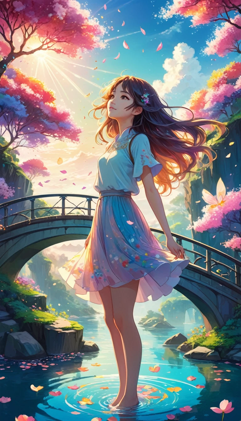 Ethereal floating islands interconnected by delicate bridges, 1girl with flowing hair standing in bridges, in a vibrant, sunlit sky with floating petals, serene and whimsical atmosphere, Anime style with highly detailed digital illustration using vibrant colors and soft brush strokes to create a dreamlike effect