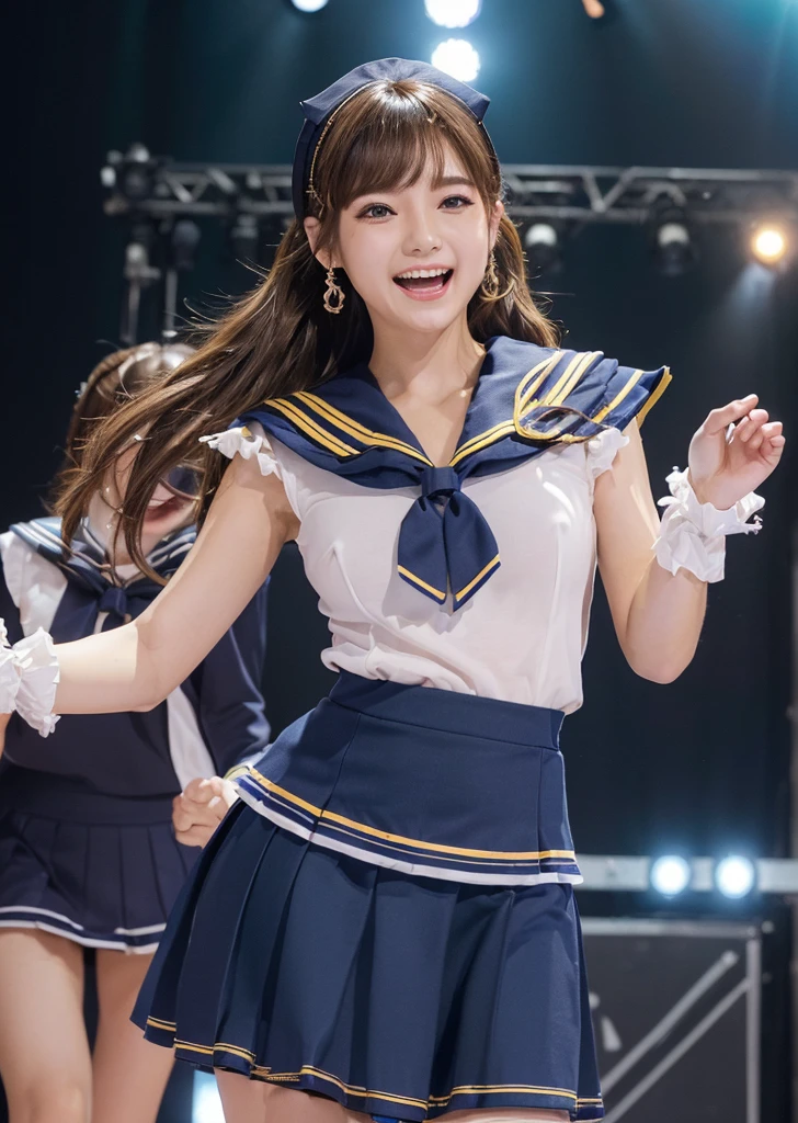 profile、Turned around、Butt,Flat Chest、(Slim body)、((Slim body))、Long Hair,Straight Bangs,Embarrassing,masterpiece,diamond、Earrings,background of fantasy,(((Brown Hair)))、 hair ornaments,Headband,Brown Hair, ((Blue Dress, Frillsのドレス)), Ruffled gloves, Frills, gloves, Cleavage, Idol, Idol clothes, jewelry, ribbon, Nude, looking at viewer,Indoor break,break (Tabletop:1.2), Highest quality, High resolution, ユニティ 8K 壁紙, (shape:0.8), (Beautiful details:1.6), Very detailedな顔, Open chest、Nipples are visible、Topless、Perfect lighting, Extremely detailed CG, (Perfect hands, Perfect Anatomy),Laughing with your mouth open、Concert Venues、live house、stage、Cowboy Shot、Sing happily、((masterpiece、Highest quality))、shape、Very detailedな、8K、Realistic、Sharp focus、Very detailed、Professional Lighting、Colorful details、Detailed Texture、Moisturizing the skin、Shiny skin、Perfect Style、(Unparalleled beauty:1.55)、(Sailor Suit Costume Wear a skirt:1.5)、(コンサート豪華セットstage:1.55)、(Sing and dance energetically:1.55)、In front of a packed audience、Looking at the camera、Shine、Intricate details、A woman stands in front of the camera、belly button、smile、 information、Twin tails