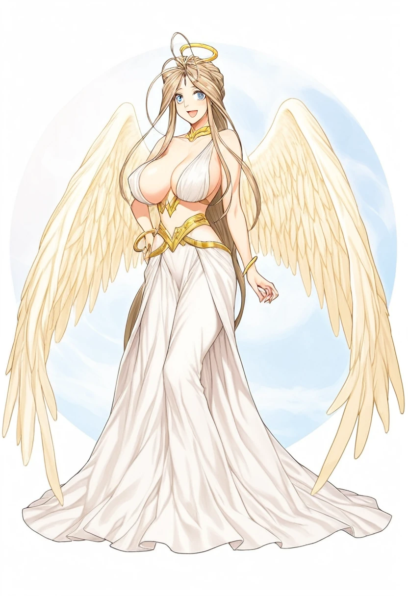 (masterpiece:1.4), (best quality:1.4), ((ultra detailed:1.4)), score_9, score_8_up, score_7_up, score_6_up, score_5_up, score_4_up, ultra details face, ((ultra details eyes)),
1girl, solo, huge breasts, open mouth, pleasure smile, blush, beautiful details face, BREAK, Heaven, golden shining world, space background, sky with fantastic planets, ((golden angle wings)), many wings, archangel, beautiful white long dress with gold and red embroidery, beautiful belt, ((angel holding a crystl of light)),
BREAK, Six large angle wings, full body,
BREAK, Lovebell-SDXL, Belldandy, long ponytail, blue eyes, brown hair,
