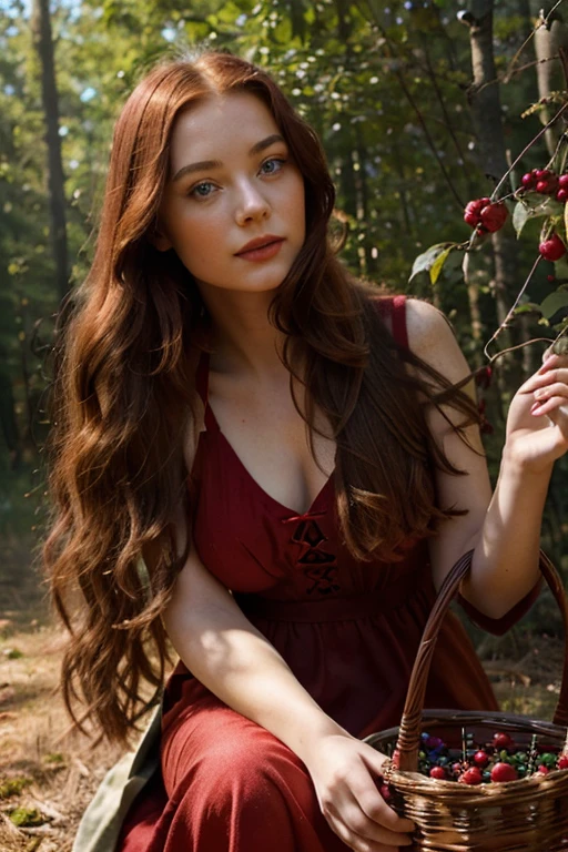 Girl with red long hair and blue eyes, scarlet lips, in a red long dress,in the forest picking berries in a basket, The sun is shining brightly, a small house is visible in the background