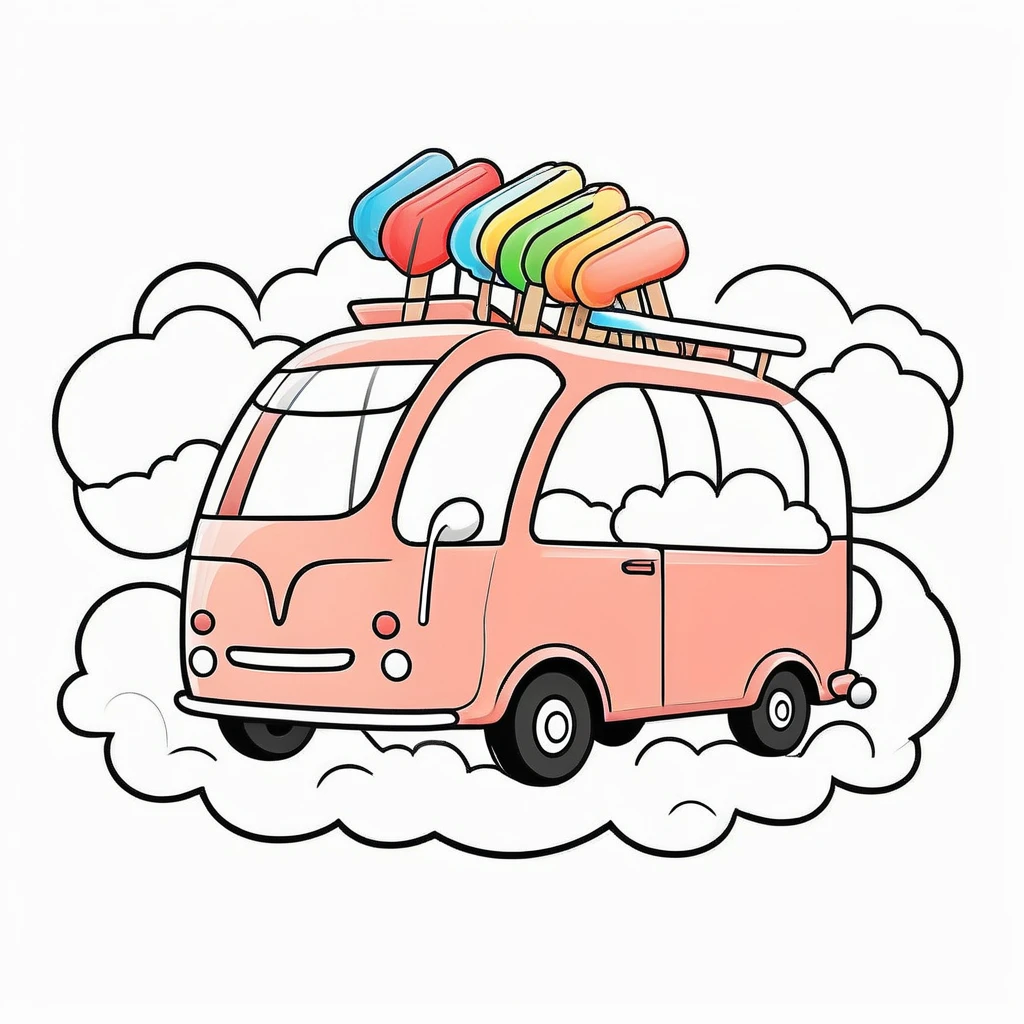Cute vehicles shaped like popsicles, coloring page for kids, happy, smiling, surrounded by cloud, vector art, minimalistic, vector 2d, black lines white background, coloring page for beginners, vector illustration, pencil strokes, no color, drawing for coloring, white background, pixar style, black and white
