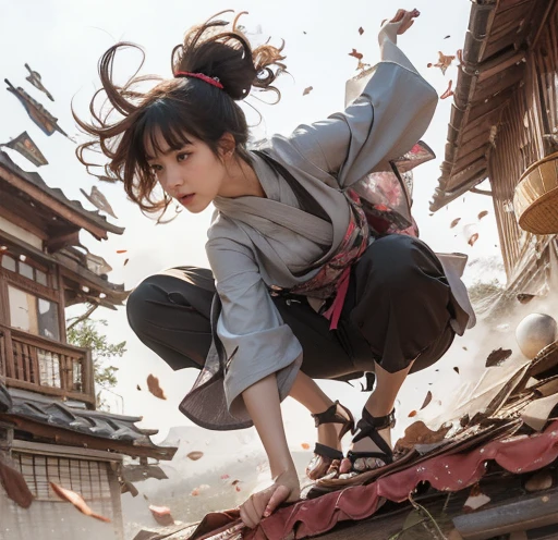 (masterpiece),(best quality:1.5), (ultra highres:1.5),Japanese woman in kimono landing on roof、Acrobatics、Twisting the body、Glaring at me、Close your mouth、A confident and serious look、Place your left hand on the ground、Extend your right hand back、Collapsed Japanese house、Parkour-like movements、Tie your hair back、Sober kimono、Ninja Style、Sarashi on the ankle、Ninja-like sandals