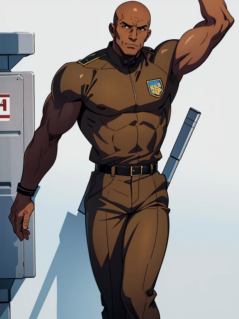 A brown-skinned, skinhead, tall, muscular man of about 40 years of age with a high-pressure atmosphere in elegant security guard clothes, depicted against a white background.