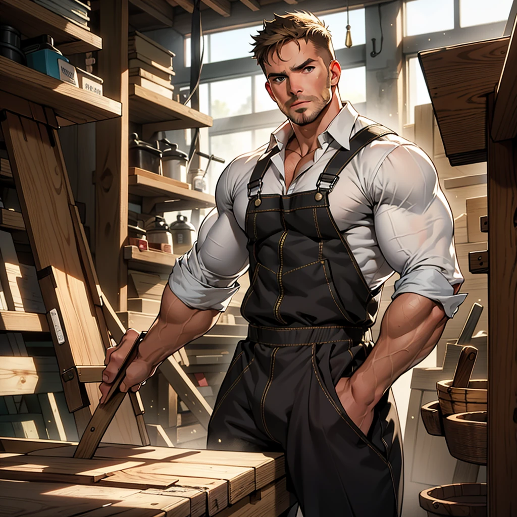 masterpiece, best quality, face, natural eyes, 1man, macho man,, muscled and mature, stephen amell as a carpenter wearing totally unbuttoned overall, sweating, tight cloth showing his muscles and bulge , full body , background wood workshop , woodwork of chairs  , tools , wood parts , volumetric dynamic bright  light .....