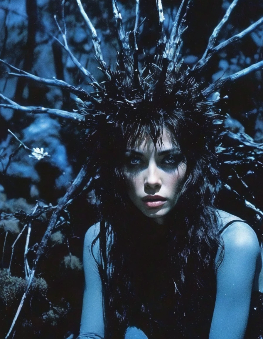 film photography, vintage, fashion photography of horror with 90s beautiful fashion model, blue night forest background
