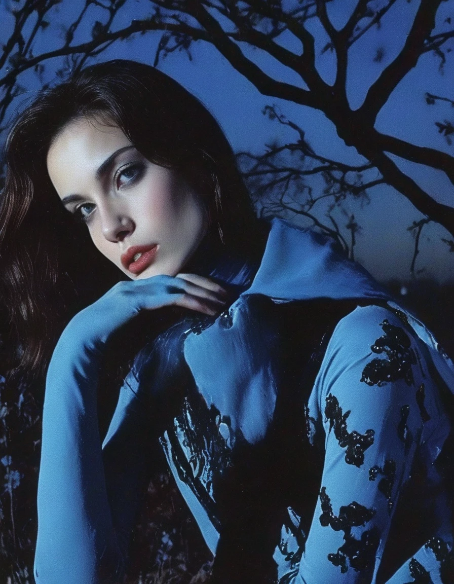 film photography, vintage, fashion photography of horror with 90s beautiful fashion model, blue night forest background