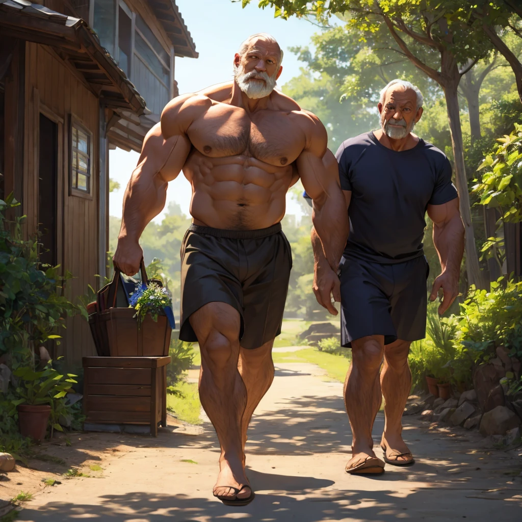 Elderly man　Giant　Muscular　naked　walking