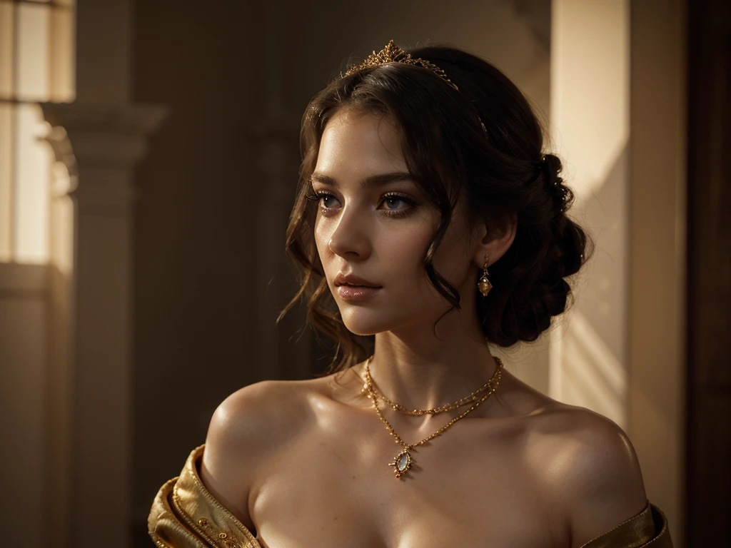 A chiaroscuro portrait of a woman, beautiful detailed eyes, beautiful detailed lips, extremely detailed eyes and face, long eyelashes, porcelain skin, elegant hairstyle, intricate jewelry, dramatic lighting, Renaissance style, dramatic shadows, warm golden tones, dramatic chiaroscuro lighting, ultra-detailed, 8k, photorealistic, masterpiece, cinematic, dramatic atmosphere, elegant and regal