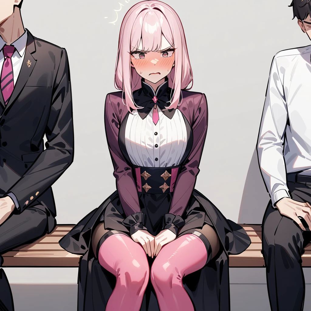 beautiful woman, pink tights, black thigh high boots, beautiful outfit, she is desperate to pee, hands on her crotch, sitting beside a boy in a class on the same bench, annoyed ,embarrassed , best quality, both looking straight