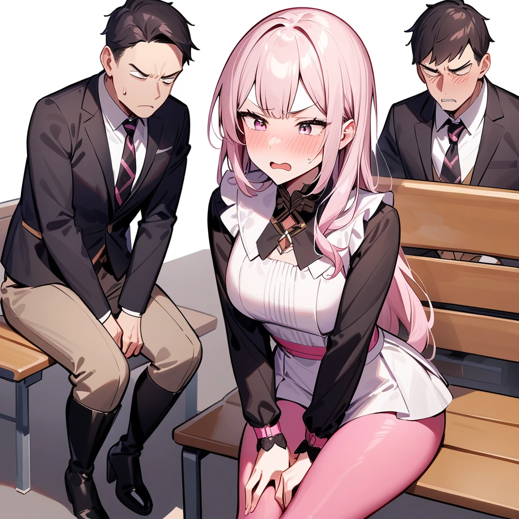 beautiful woman, pink tights, black thigh high boots, beautiful outfit, she is desperate to pee, hands on her crotch, sitting beside a boy in a class on the same bench, annoyed ,embarrassed , best quality, both looking straight