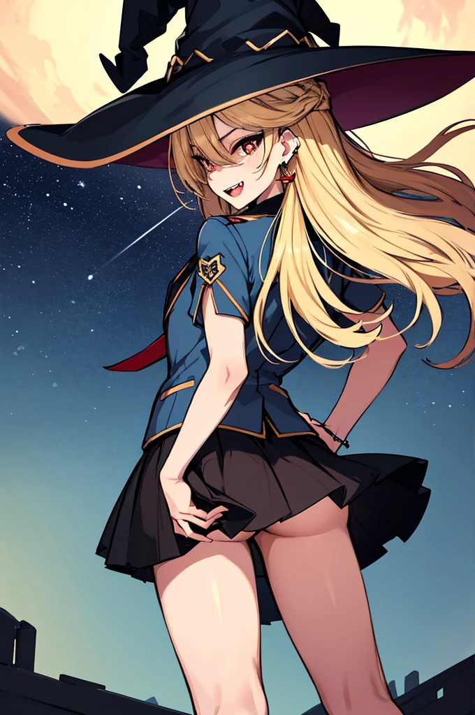 (absurdres, 8k, 4k, masterpiece, hyper extreme detailed:1.2), solo, perfect , cowboy shot, 1girl, back view, perfect face, 1girl, portrait, standing, adult, adult female, mature, Female, Mature Female, very long hair, 8k uhd, 1girl, slender, cowboy shot, standing, full body, back view, red tie, night sky, moon, stockings, big witch hat, witch, blonde hair, piercings, earrings, detailed eyes, expressive eyes, colorful pupils, blazer, skirt, fang tooth, red eyes, earrings, hand on hip, flat , looking forward, front view, messy hair, wind, windy, moving hair, moving clothes, swept bangs, mature body, gyaru, smile, colorful clothing, groan, military boots, perfect legs, reasonable height, , 