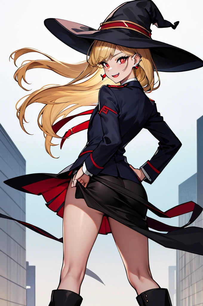 (absurdres, 8k, 4k, masterpiece, hyper extreme detailed:1.2), solo, perfect anatomy, cowboy shot, 1girl, back view, perfect face, 1girl, portrait, standing, adult, adult female, mature, Female, Mature Female, very long hair, 8k uhd, 1girl, slender, cowboy shot, standing, full body, back view, red tie, night sky, moon, stockings, big witch hat, witch, blonde hair, piercings, earrings, detailed eyes, expressive eyes, colorful pupils, blazer, skirt, fang tooth, red eyes, earrings, hand on hip, flat chest, looking forward, front view, messy hair, wind, windy, moving hair, moving clothes, swept bangs, mature body, gyaru, smile, colorful clothing, groan, military boots, perfect legs, reasonable height, butt,