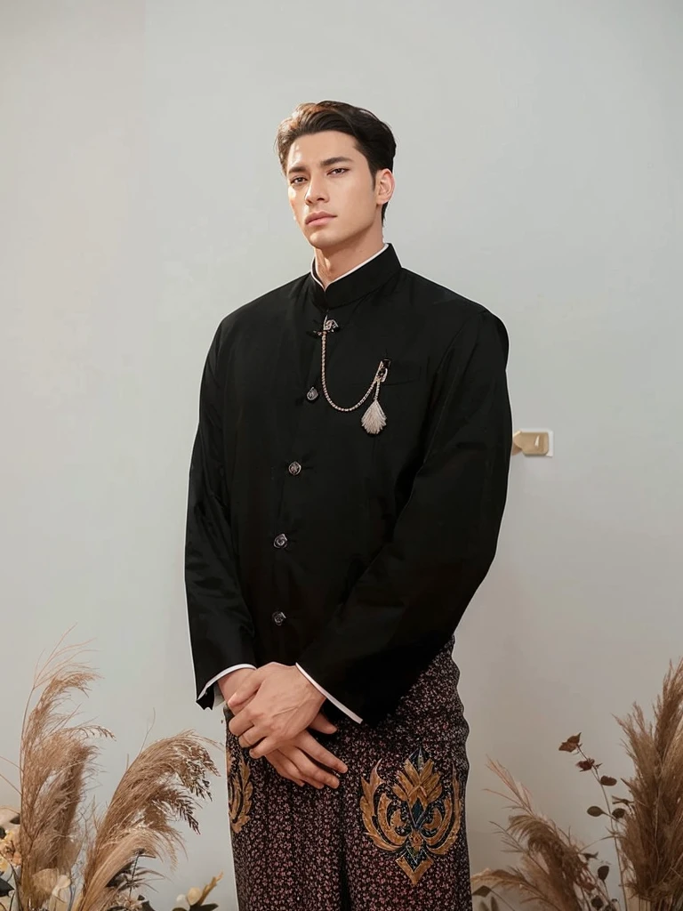 1 man, eiser grayon from the manhwa serena, Handsome, Webtoon, realistic, ultra realistic, hd, 8k, short black hair, blue eyes, typical Javanese Indonesian clothing