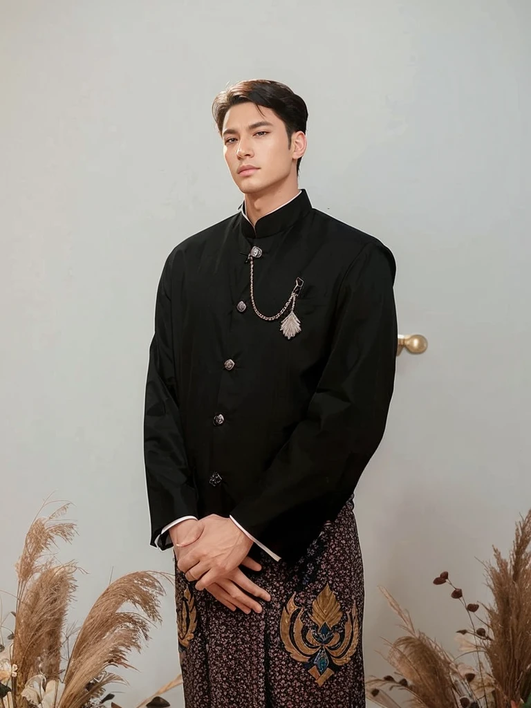 1 man, eiser grayon from the manhwa serena, Handsome, Webtoon, realistic, ultra realistic, hd, 8k, short black hair, blue eyes, typical Javanese Indonesian clothing