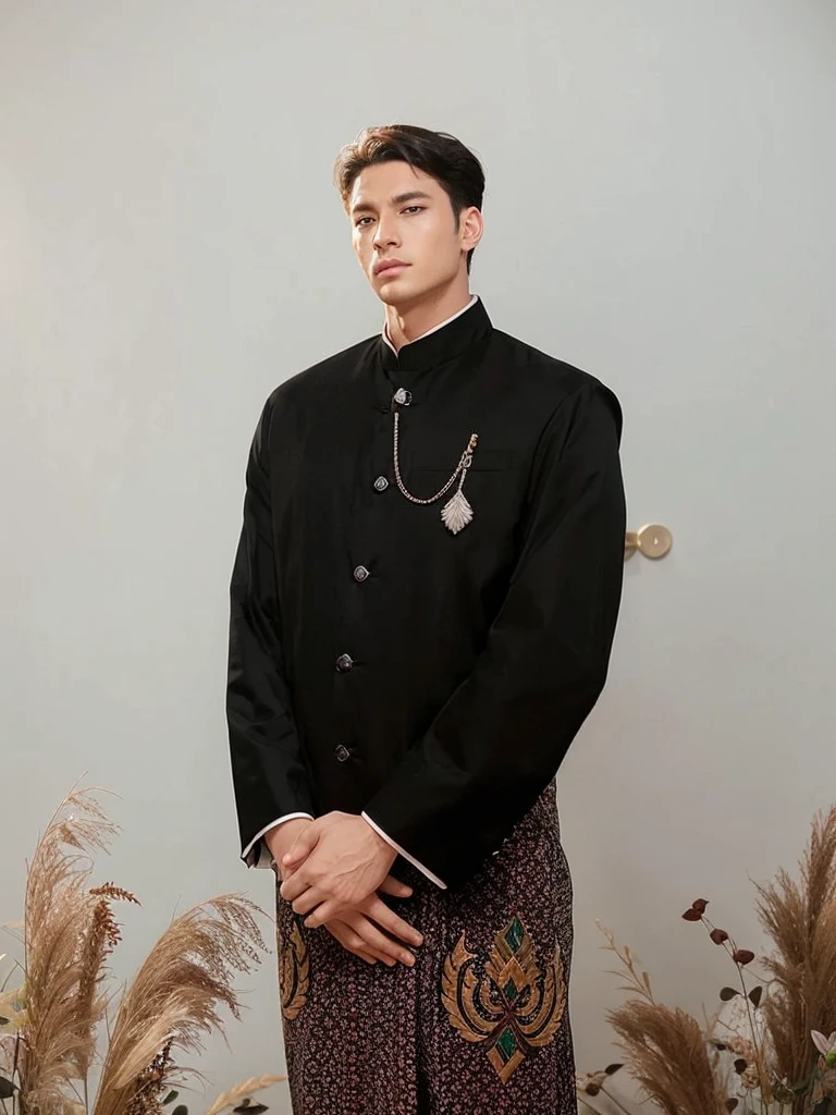 1 man, eiser grayon from the manhwa serena, Handsome, Webtoon, realistic, ultra realistic, hd, 8k, short black hair, blue eyes, typical Javanese Indonesian clothing