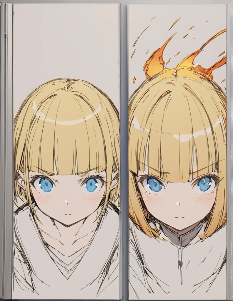 A girl fighting with golden flames(Sketches), (Open Close), (Small body), (Blonde:1.5) (Short Bob Hair:1.4), (Blue eyes)(Blunt bangs:1.3)