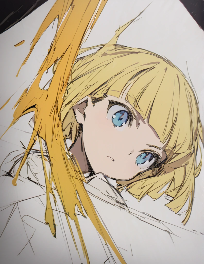 A girl fighting with golden flames(Sketches), (Open Close), (Small body), (Blonde:1.5) (Short Bob Hair:1.4), (Blue eyes)(Blunt bangs:1.3)