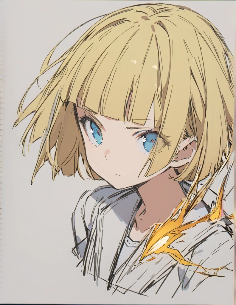 A girl fighting with golden flames(Sketches), (Open Close), (Small body), (Blonde:1.5） (Short Bob Hair:1.4), (Blue eyes)(Blunt bangs:1.3)
