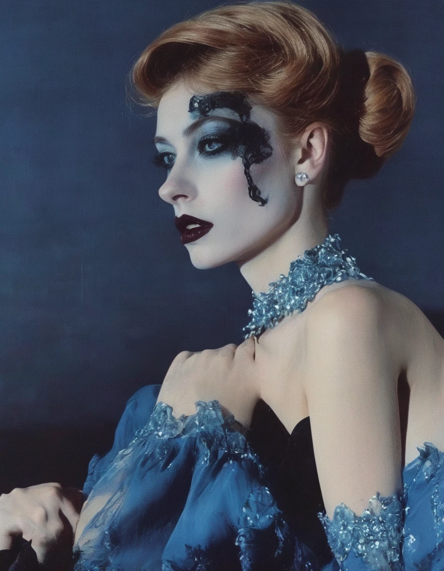 film photography, vintage, fashion shoot of horror, blue background