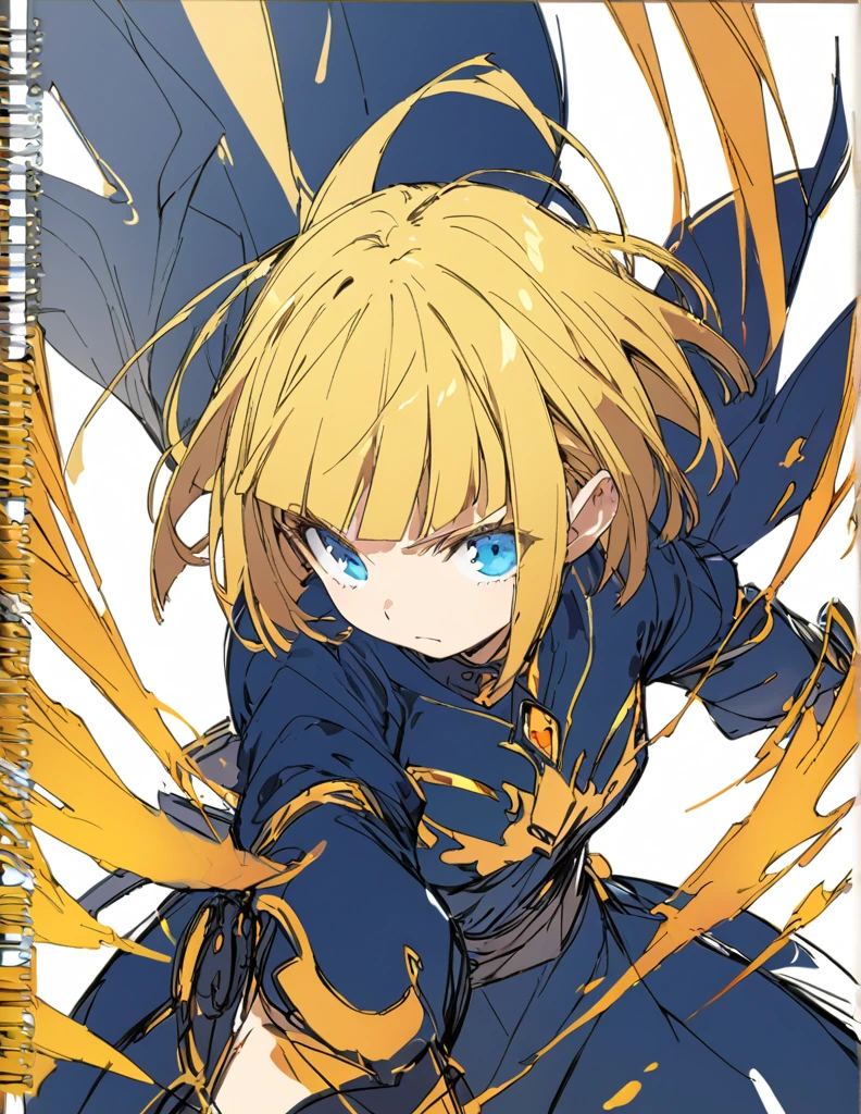 A girl fighting with golden flames(Sketches), (Open Close), (Small body), (Blonde:1.5） (Short Bob Hair:1.4), (Blue eyes)(Blunt bangs:1.3)
