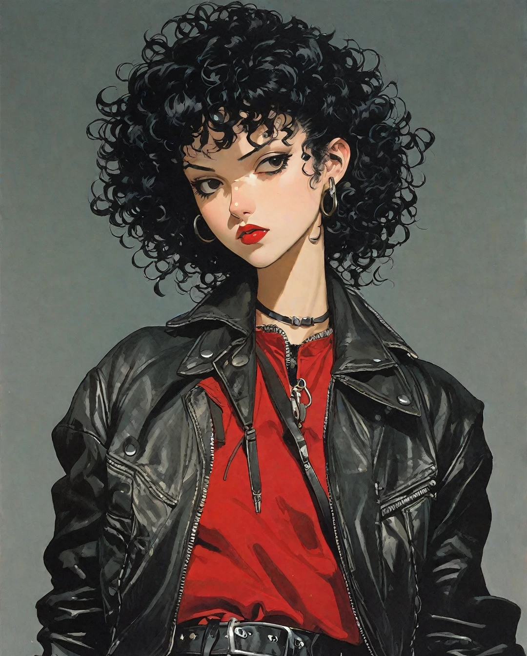 Flat-colored still of a photo of a a full-body, high-resolution anime style of a rebellious teenage female punk rocker with short curly black hair, thin face, intense red lips, leather jacket, and tight leather pants, inspired by the works of Yoshiaki Kawajiri, vibrant and edgy, with dramatic lighting and dynamic composition.,... anime girl from a 80s Anime portrayed by hajime sorayama, looking away from the viewer, solemn expression