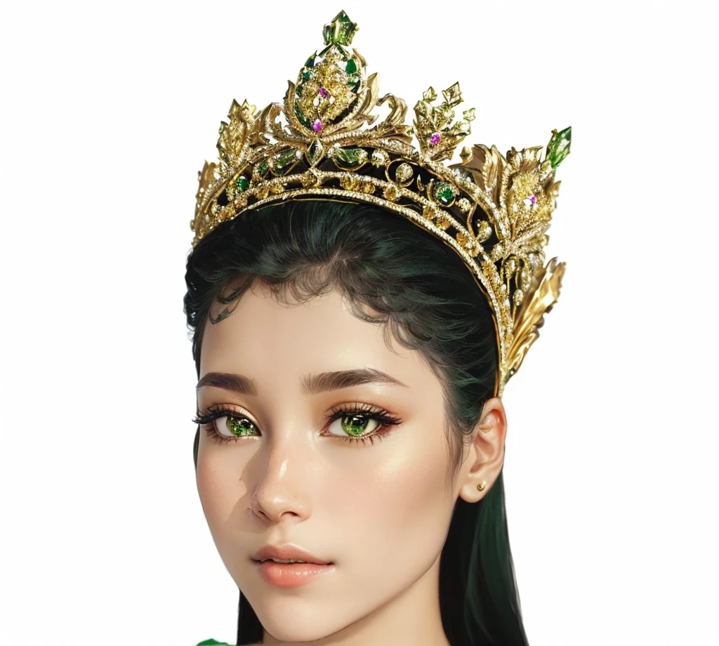a close up of a woman wearing a tiable with a green dress, with crown, crown, with a gold crown, gold crown, tiara, with a crown, intricate gold crown, gold tiara, wearing golden crown, golden crown, luxanna crownguard, jewel crown, wearing crown, big crown adorned with emerald, queen crown, jeweled crown