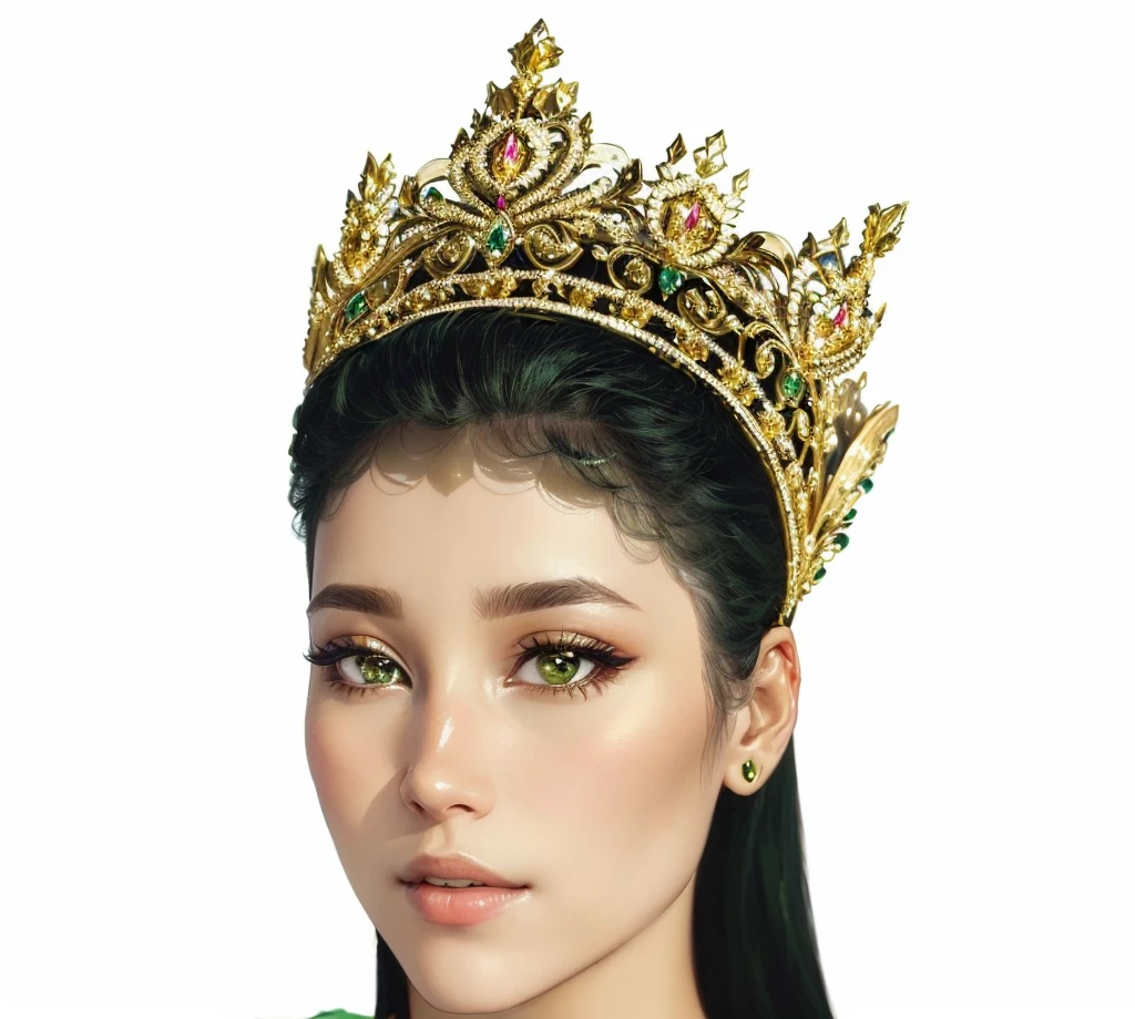a close up of a woman wearing a tiable with a green dress, with crown, crown, with a gold crown, gold crown, tiara, with a crown, intricate gold crown, gold tiara, wearing golden crown, golden crown, luxanna crownguard, jewel crown, wearing crown, big crown adorned with emerald, queen crown, jeweled crown