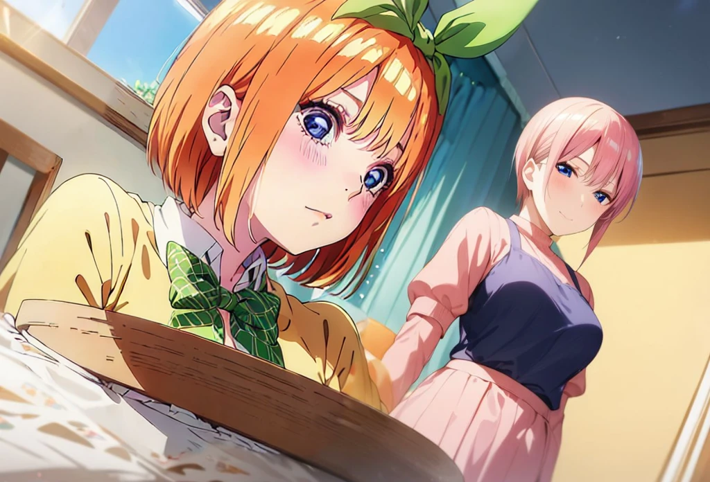  [Nakano yotsuba, nakano_yotsuba, aayotsuba, shoulder length orange hair, green ribbon] blushing, looking down, embarassed face, flustered, goofy awkward, extremely cute face, in love, dreamy eyes,  best quality)), extremely fine and beautiful, super fine illustration, top-quality、Official art、Beautifully Aesthetic:、vivid colours、colourful, HD Detail, Ultra Detail, soft Light, magical photography, intricate details, , sfw, , indigo eyes, masterpiece, 4k, ultradetailed,