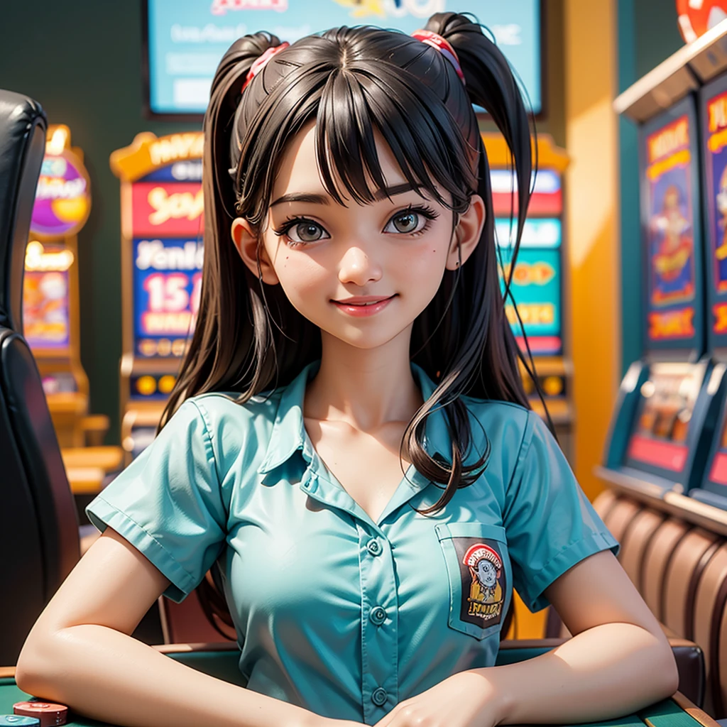 happy and smile, {{indonesian girl}}, {wearing high school uniform}, teasing and waiting customer play, standing, playing in casino, red casino background, polite and kind, Sweet Face, roulette table, poker table, all in one casino place