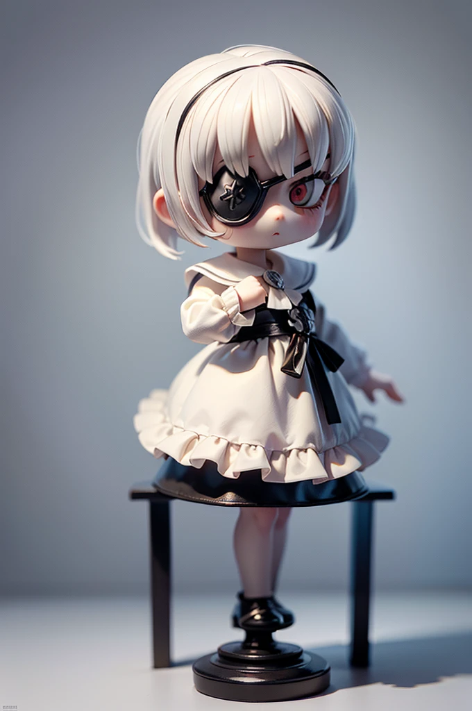 (Top quality, ultra-high quality, ultra-high definition, realistic masterpiece, extremely detailed CG illustration: 1.1) Ivory sculpture, one girl, (((Mini cute girl))) ((Standing on a pedestal, milky white statue, chess piece, all white)) (Rose-shaped eye patch on right eye, red eye patch, right-eyepatch, decorated, leather, gas mask, military uniform, gun hanging from shoulder) (On a white pedestal, (chess board) (3D CG unified in milky white) (Historical masterpiece) Looking at me (Professional photo)