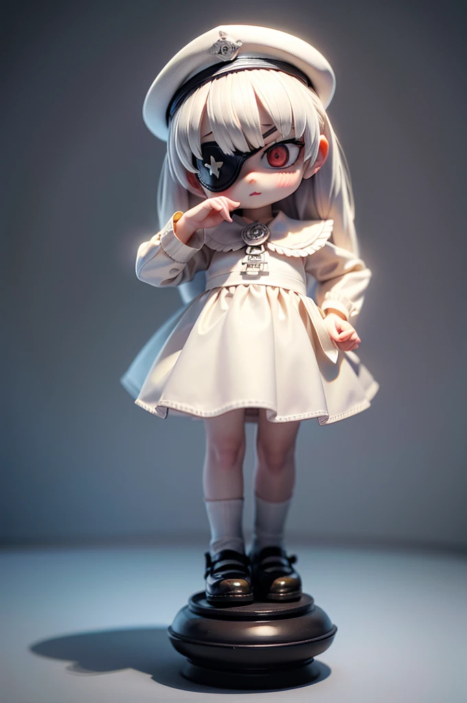 (Top quality, ultra-high quality, ultra-high definition, realistic masterpiece, extremely detailed CG illustration: 1.1) Ivory sculpture, one girl, (((Mini cute girl))) ((Standing on a pedestal, milky white statue, chess piece, all white)) (Rose-shaped eye patch on right eye, red eye patch, right-eyepatch, decorated, leather, gas mask, military uniform, gun hanging from shoulder) (On a white pedestal, (chess board) (3D CG unified in milky white) (Historical masterpiece) Looking at me (Professional photo)