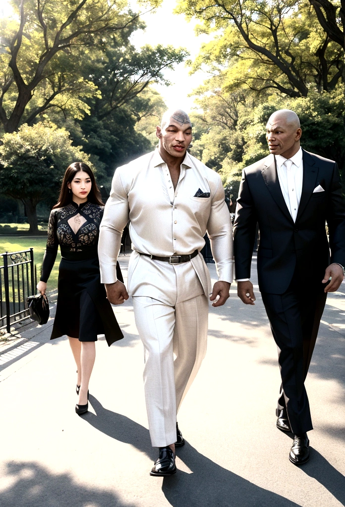 Mr. Mike Tyson is walking in the park with soon and Many members of the public.
